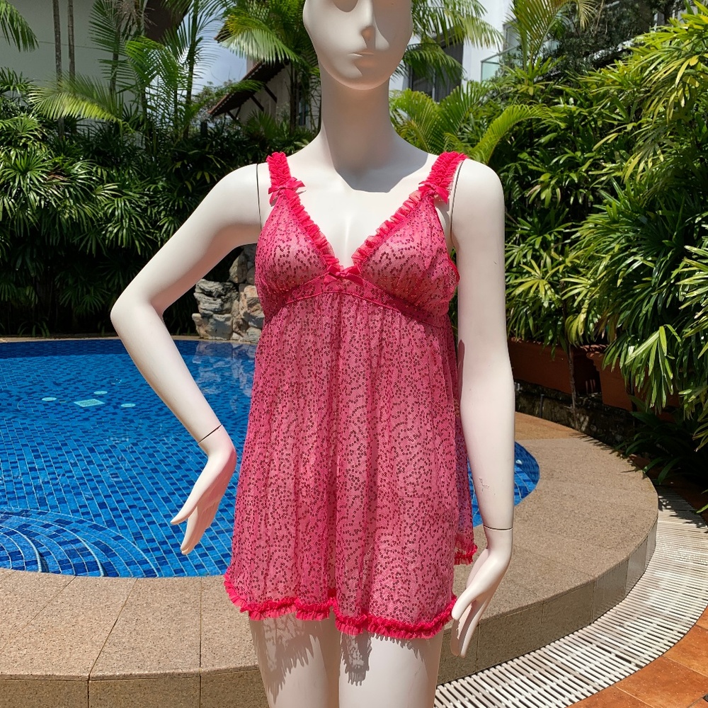 Victoria’s Secret Sexy Little Things Pink Negligee, Size Large, Sequins and Bows